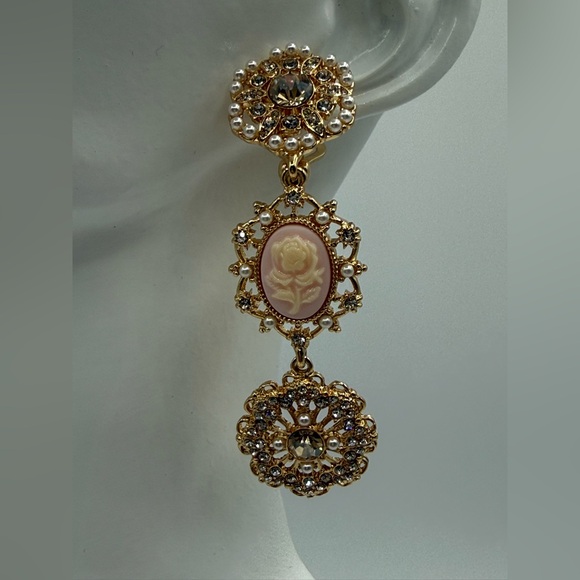 Marchesa Elegant Gold Cameo Rose Drop Earrings w/ Pearls & Crystals - Picture 10 of 16